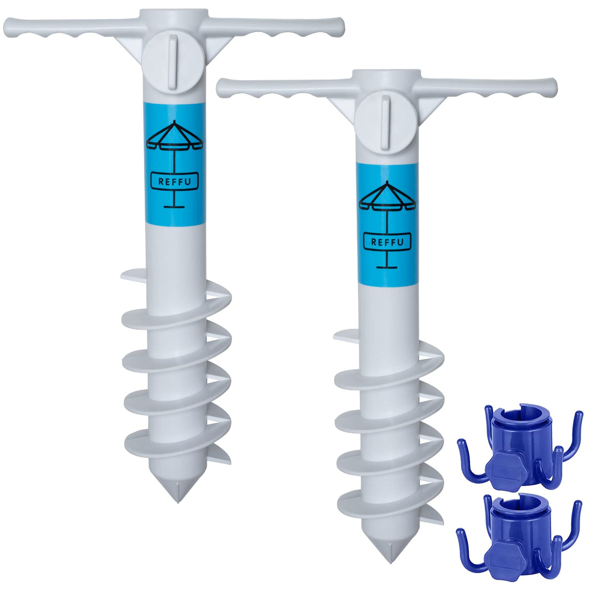 REFFU front view of two-pack umbrella sand anchors showing compact portable design benefit