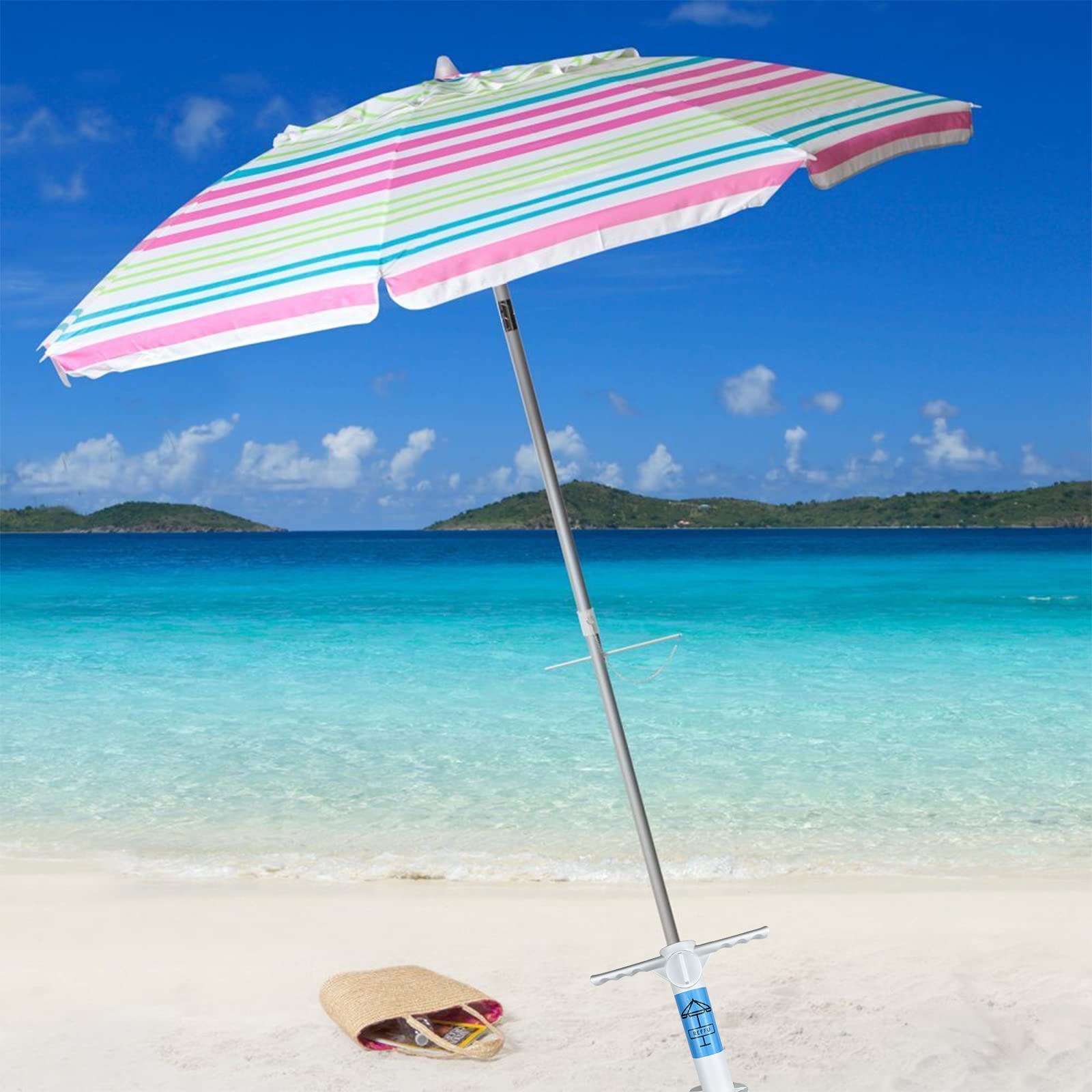 REFFU lifestyle scene with two anchors supporting umbrellas at beach for reliable shade benefit