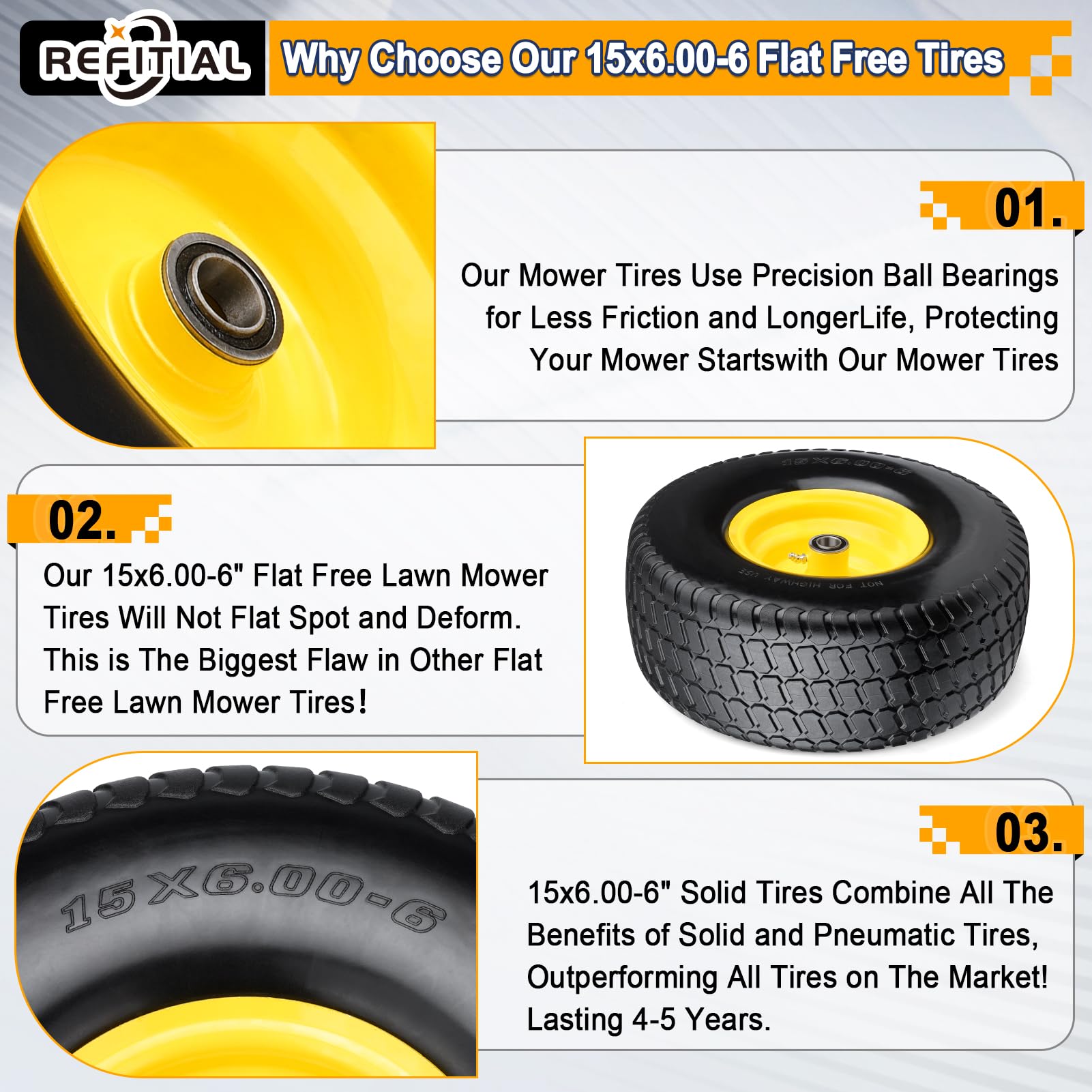 Refitial wheel installed on a riding mower improving stability and mowing benefit