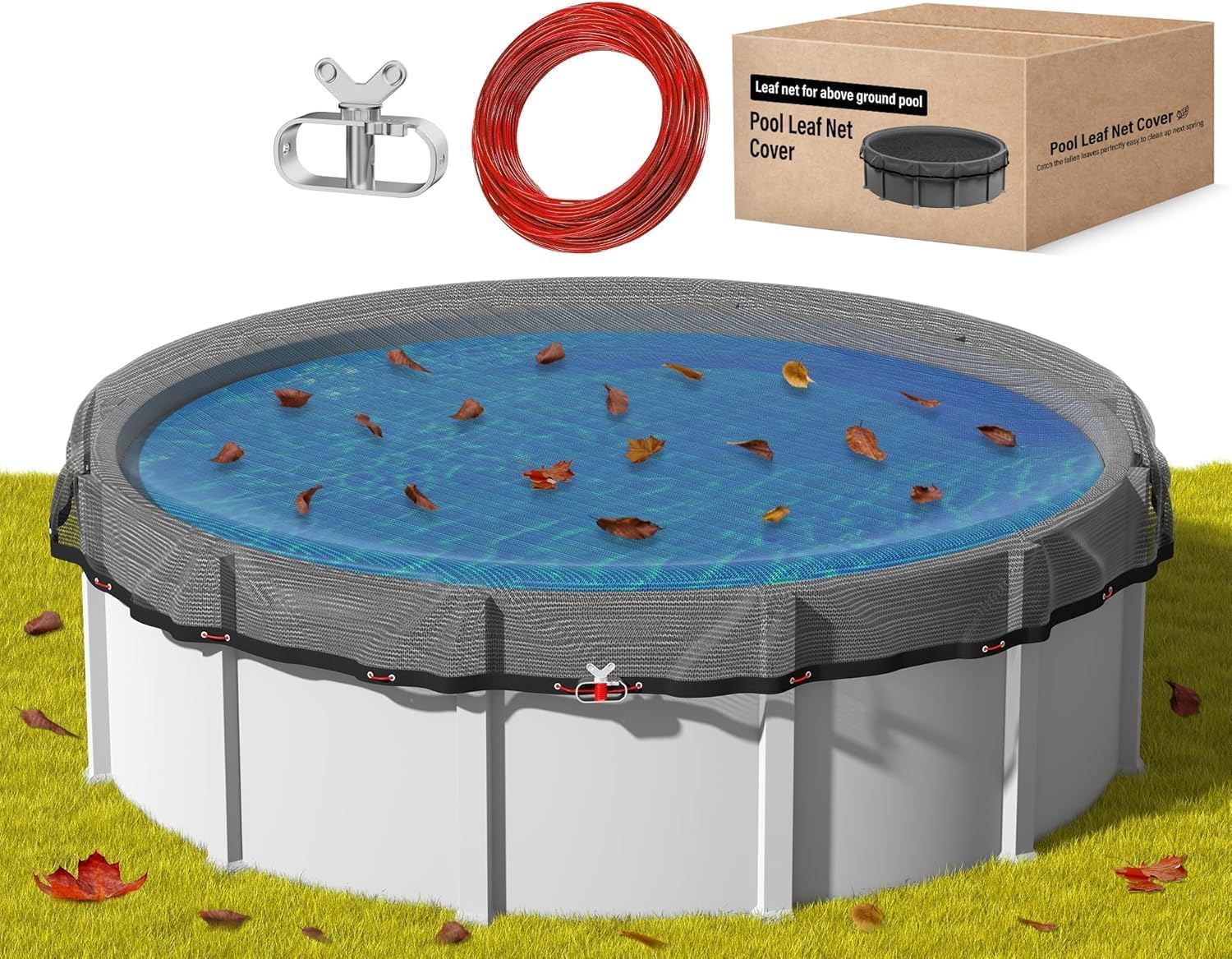 REGMICS front view of leaf net cover showing full 28ft spread and neat packaging benefit