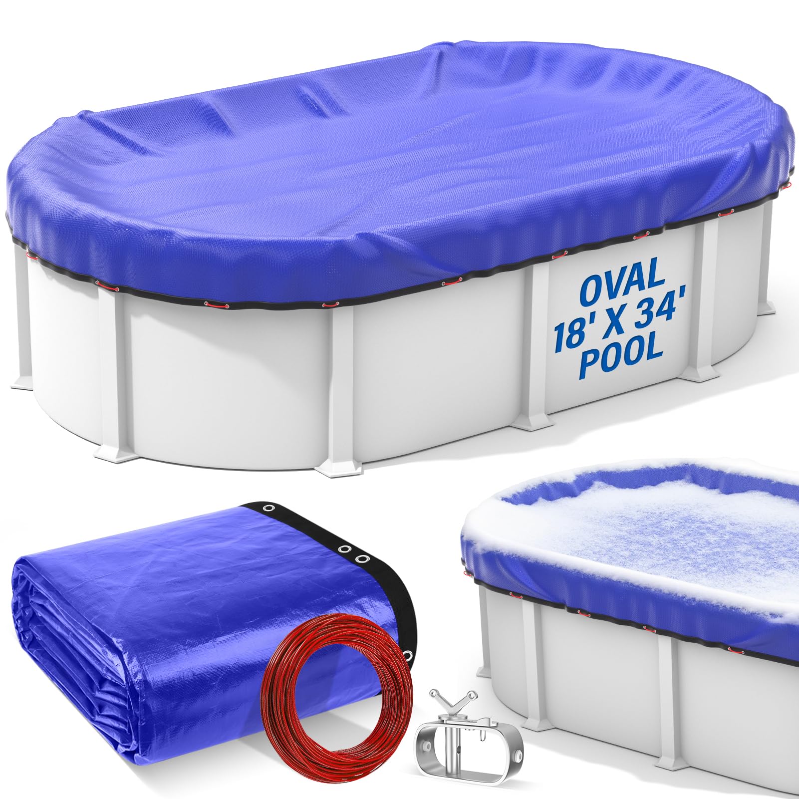 REGMICS front view of oval winter pool cover showing full packaging and fit benefit