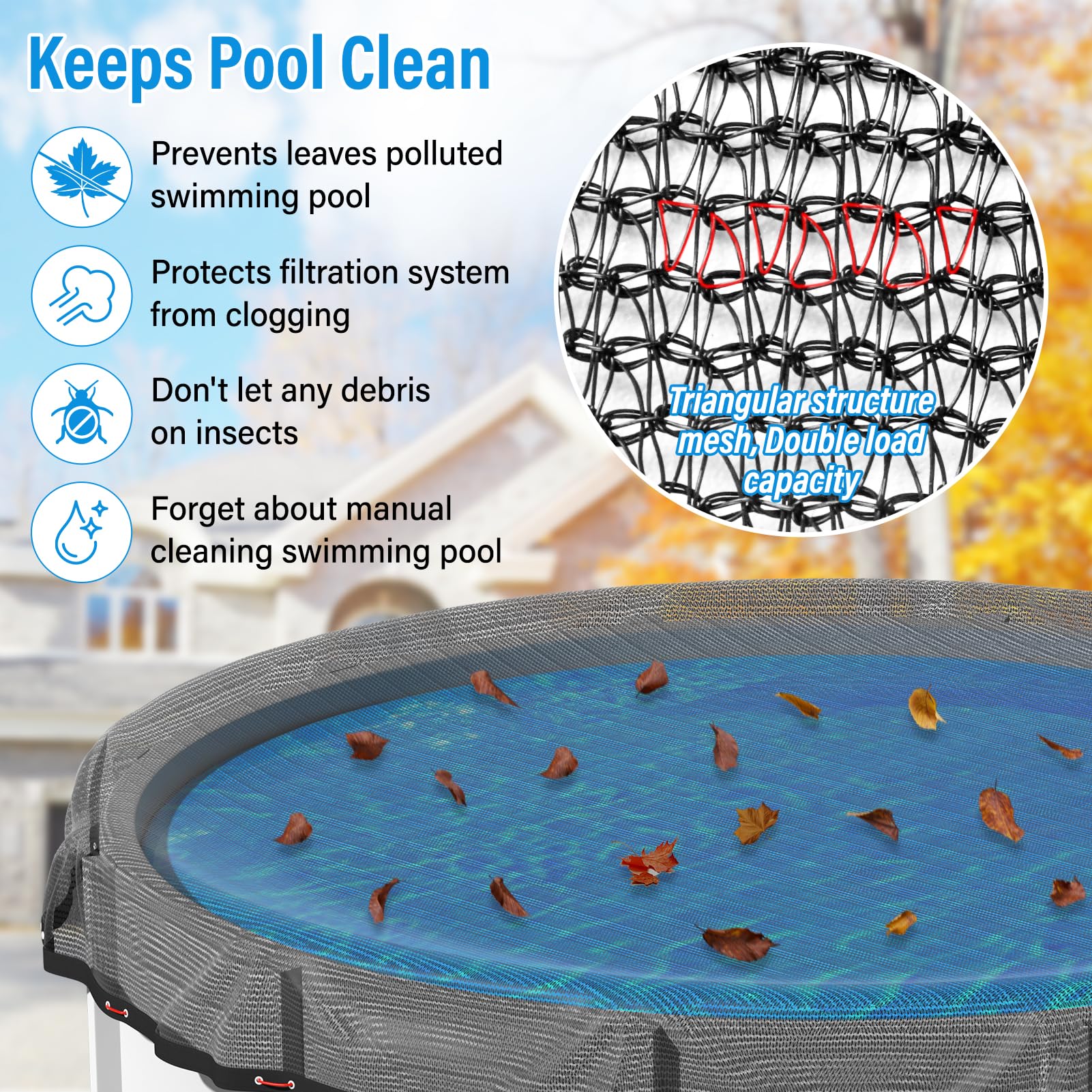 REGMICS net installed over a 24ft above-ground pool catching leaves and simplifying cleanup benefit