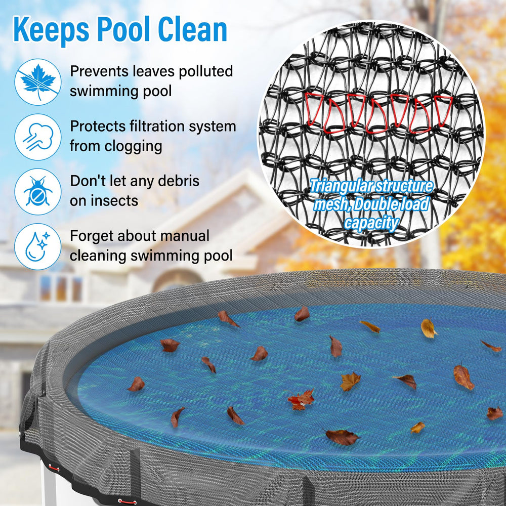 REGMICS net installed over a 24ft above-ground pool catching leaves and simplifying cleanup benefit