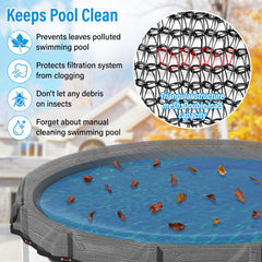 REGMICS net installed over a 24ft above-ground pool catching leaves and simplifying cleanup benefit