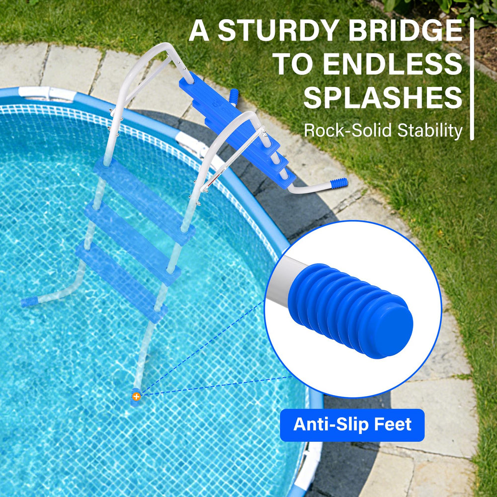 REGMICS ladder installed on above-ground pool demonstrating universal fit