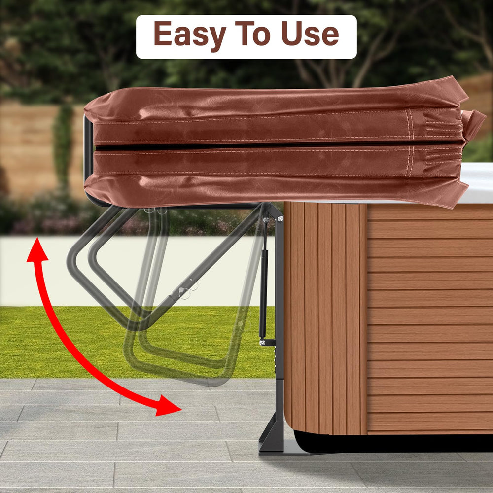 REGMICS lifter holding folded cover behind spa for single‑person use