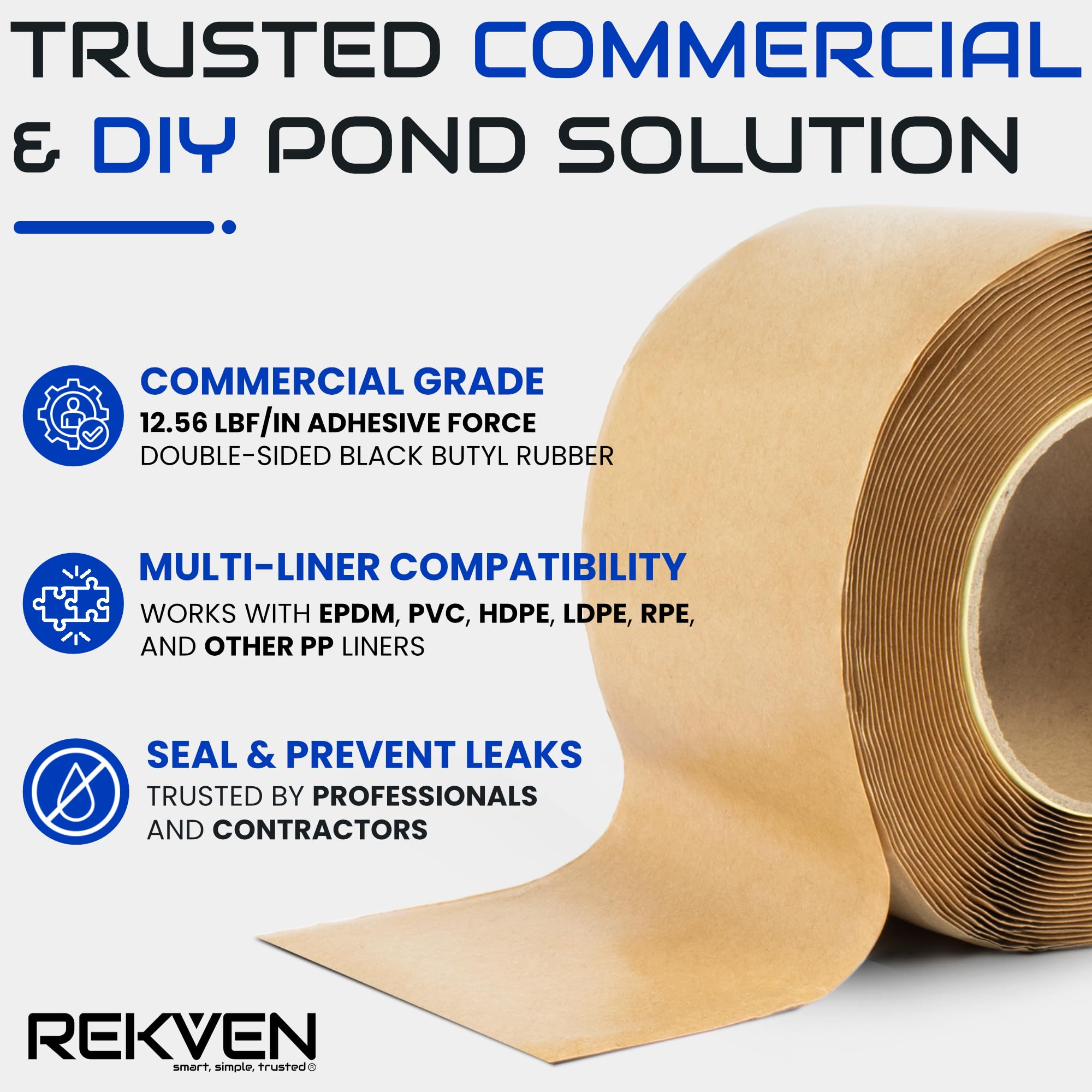 REKVEN application demo on EPDM liner showing simple peel-and-press benefit