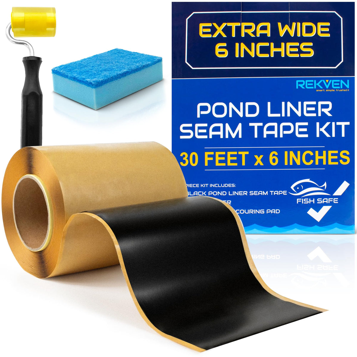 REKVEN front packaging showing 30 ft roll and included tools for quick installation