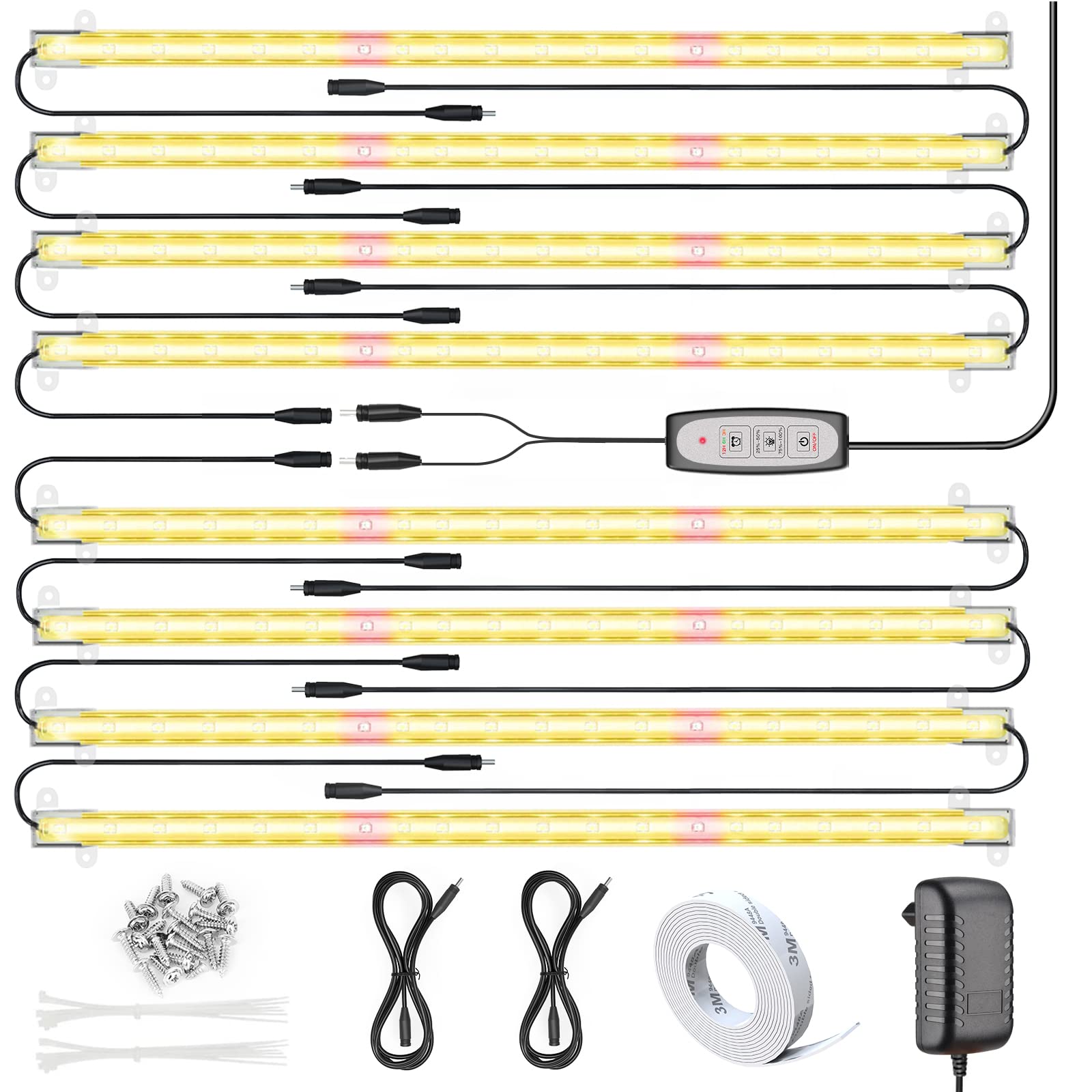 Relassy front view of pack and eight grow light strips showing full kit benefits