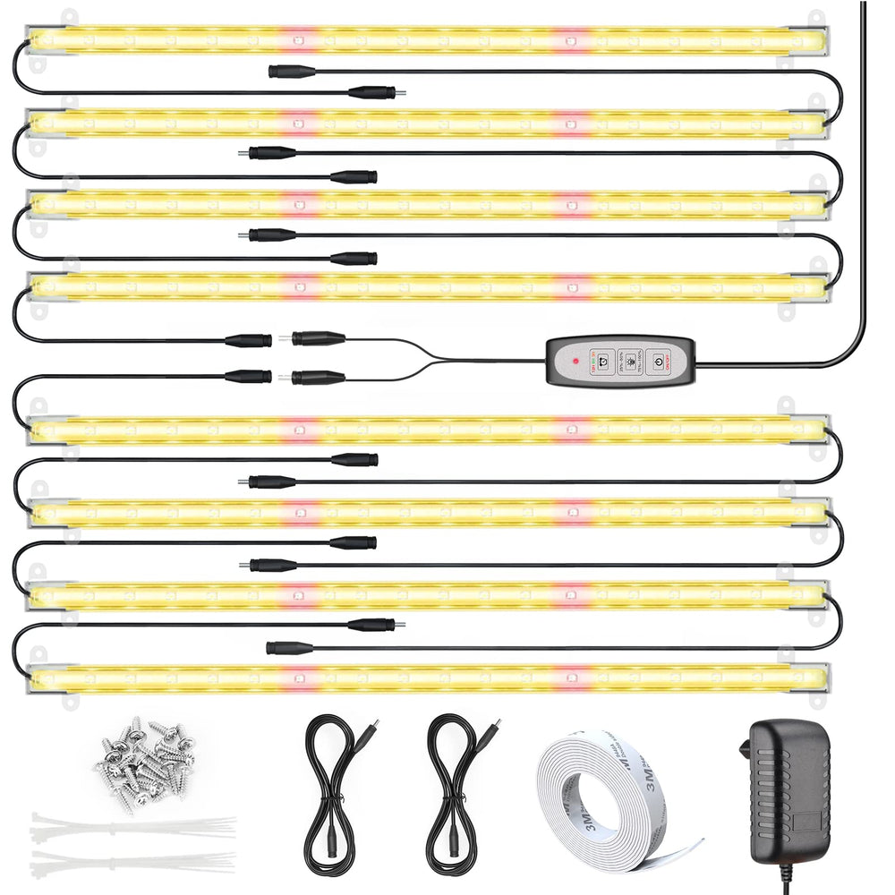 Relassy front view of pack and eight grow light strips showing full kit benefits