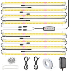 Relassy front view of pack and eight grow light strips showing full kit benefits