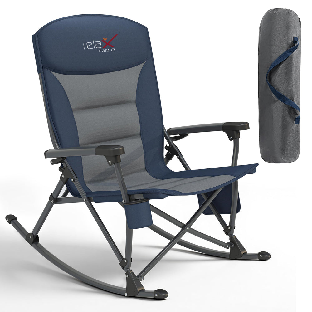 RELAX FIELD front view of navy rocking chair showing full profile and stability