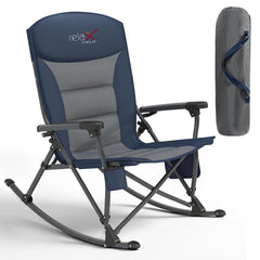 RELAX FIELD front view of navy rocking chair showing full profile and stability