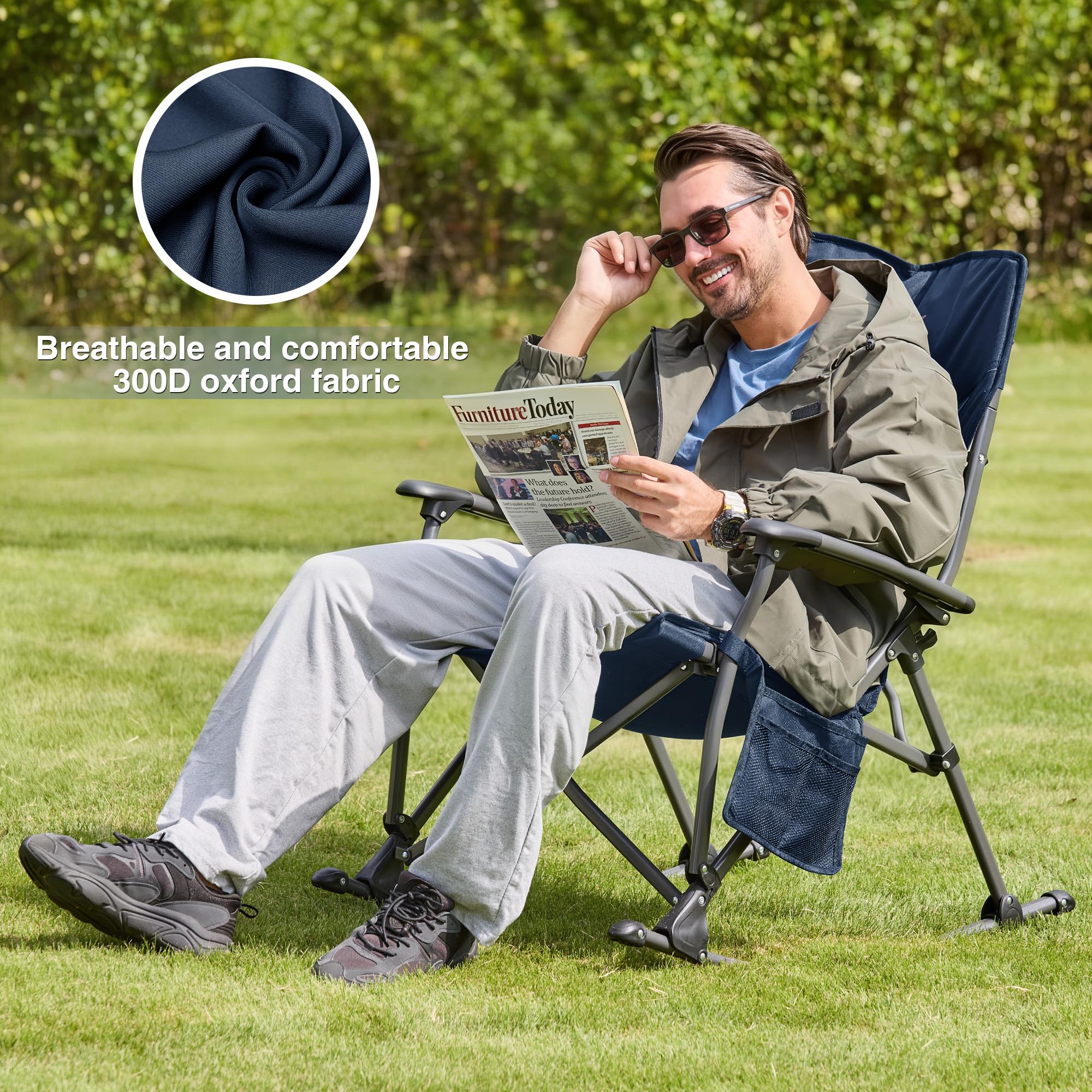 RELAX FIELD chair next to person illustrating size and 350 lb capacity benefit