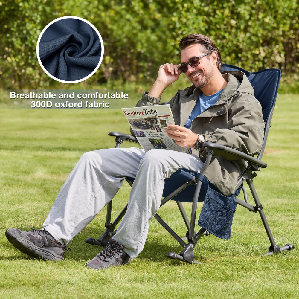 RELAX FIELD chair next to person illustrating size and 350 lb capacity benefit