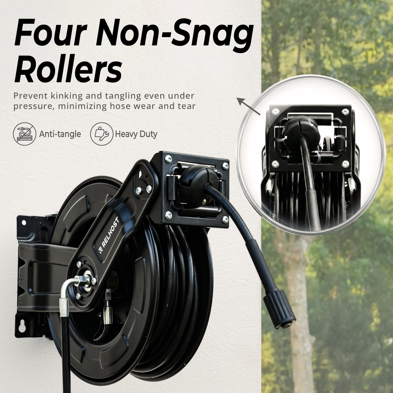 Relhost ceiling-mounted reel showing 180° swivel for flexible overhead positioning and reach