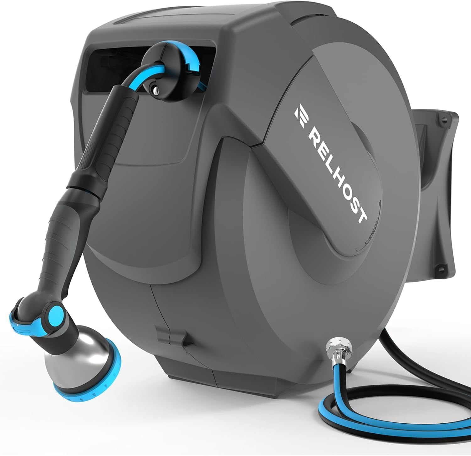 Relhost front-facing wall-mounted reel showing neat storage and easy access