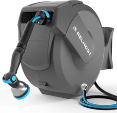 Relhost front-facing wall-mounted reel showing neat storage and easy access