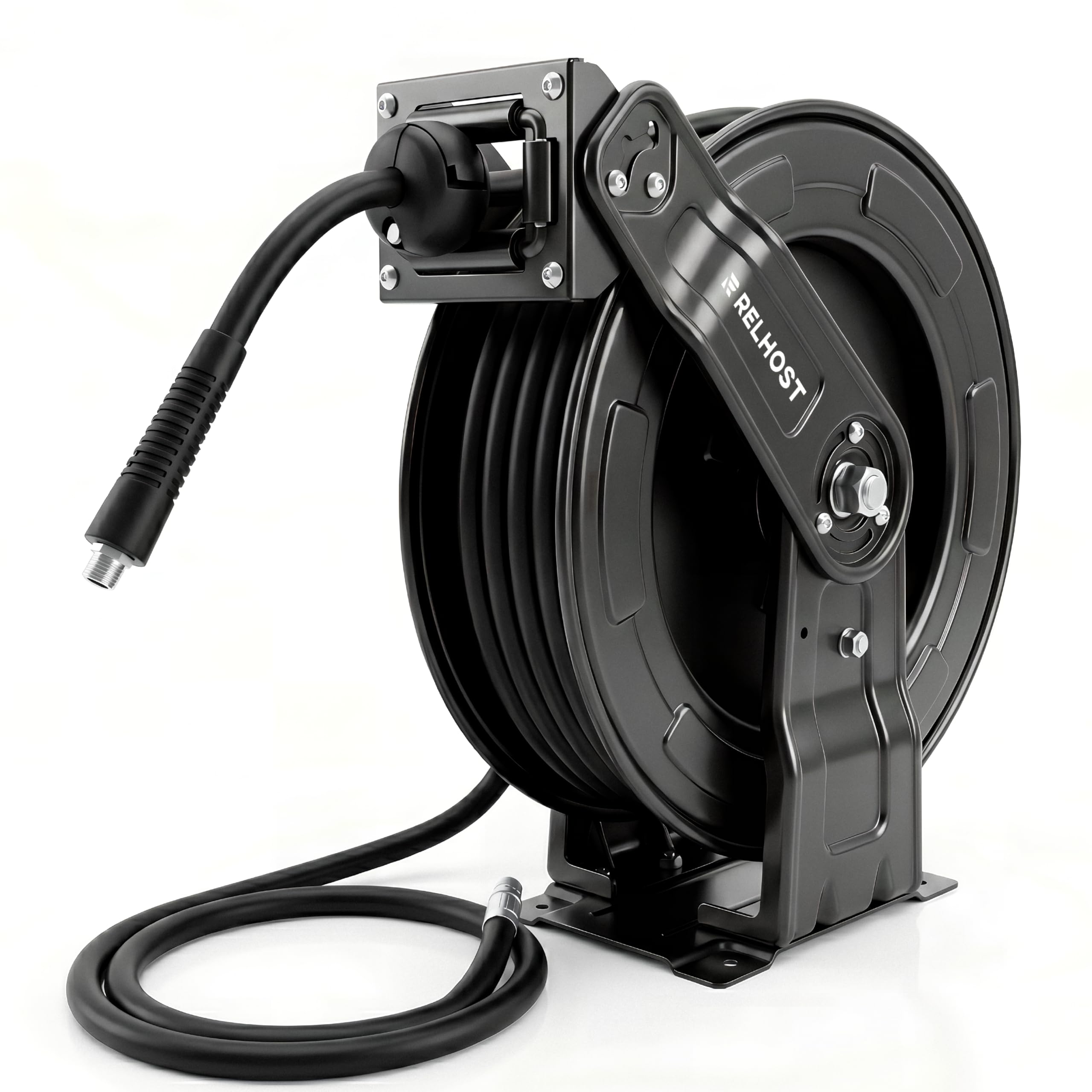 Relhost front view of reel showing sturdy steel frame and 65 ft hose for organized storage