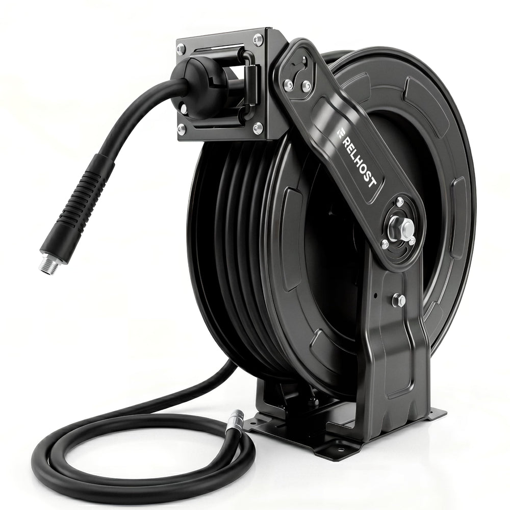 Relhost front view of reel showing sturdy steel frame and 65 ft hose for organized storage
