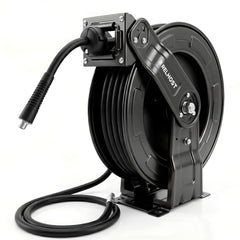 Relhost front view of reel showing sturdy steel frame and 65 ft hose for organized storage