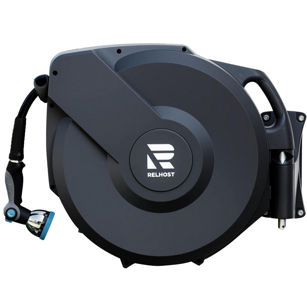 Relhost front view of wall-mounted reel showing compact storage and neat appearance