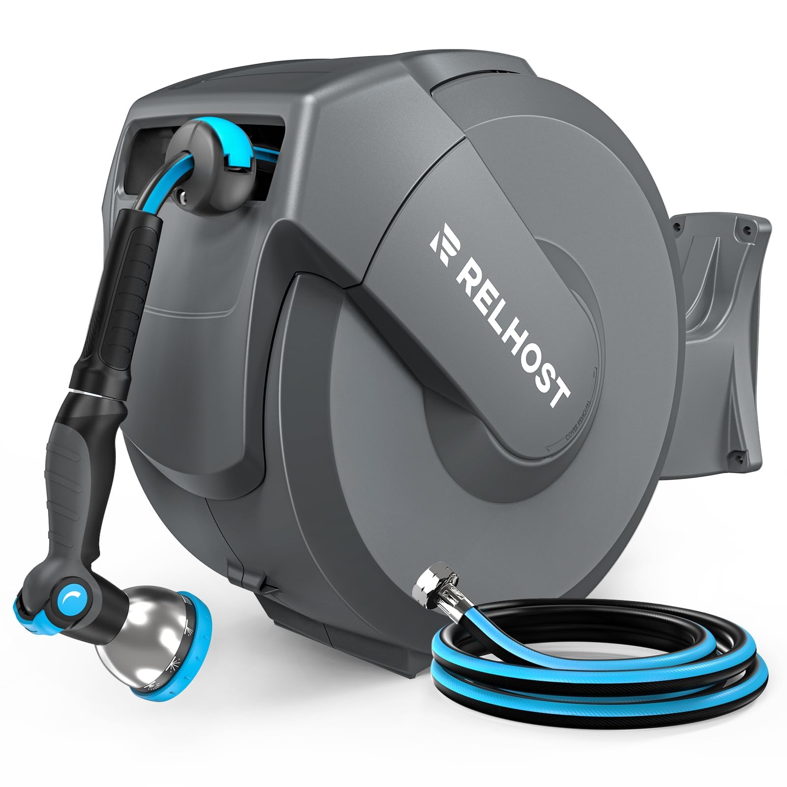 Relhost front view wall-mounted reel showing compact storage and easy access