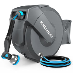 Relhost front view wall-mounted reel showing compact storage and easy access