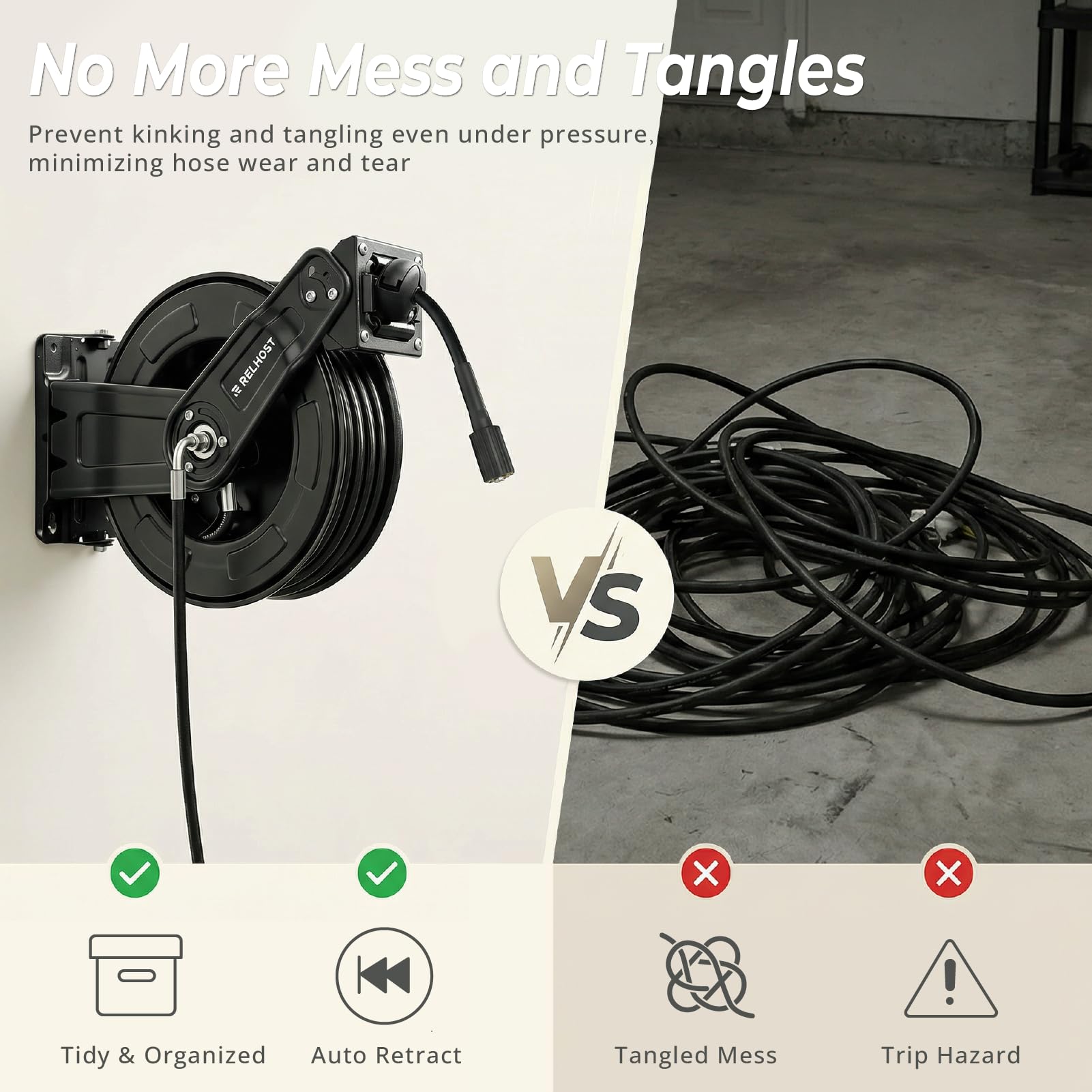 Relhost hose retracting into reel during use highlighting fast auto-rewind and tidy cleanup