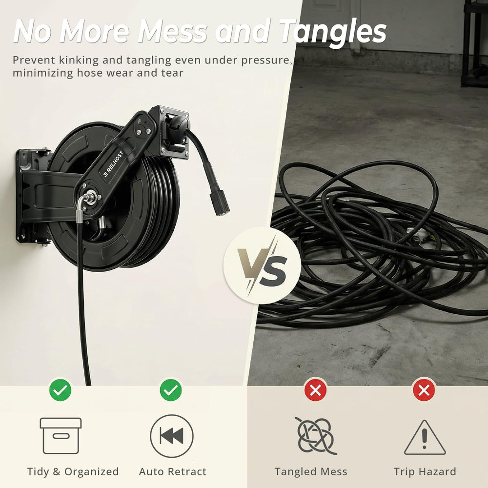 Relhost hose retracting into reel during use highlighting fast auto-rewind and tidy cleanup