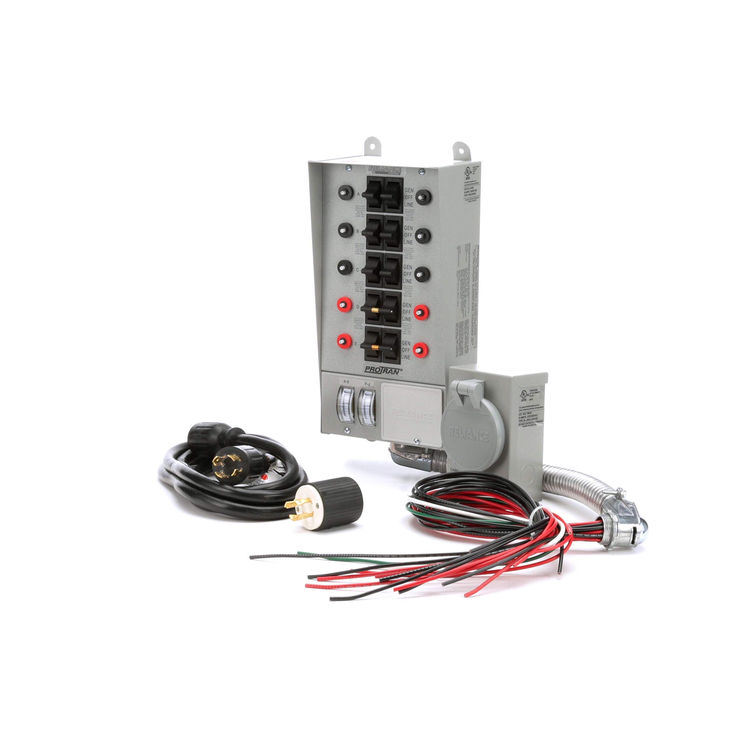 Reliance Controls front panel view showing ports and switch, ensures safe generator connection