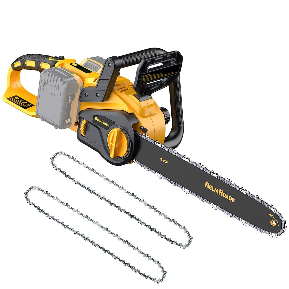 ReliaRoads chainsaw front view showing compact cordless design and ready-to-use benefit