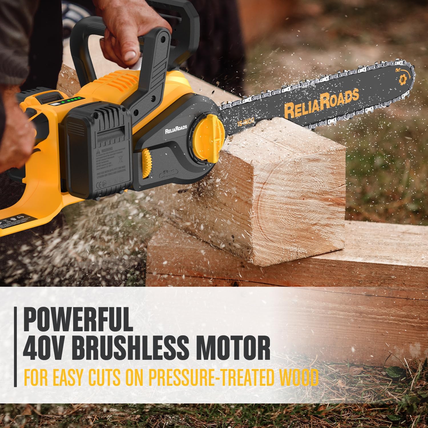 ReliaRoads saw cutting a branch outdoors demonstrating efficient pruning capability