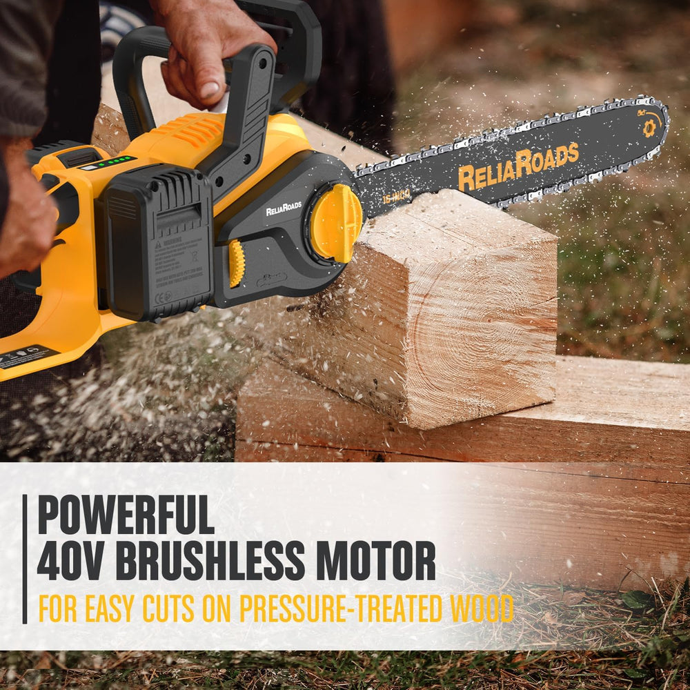 ReliaRoads saw cutting a branch outdoors demonstrating efficient pruning capability