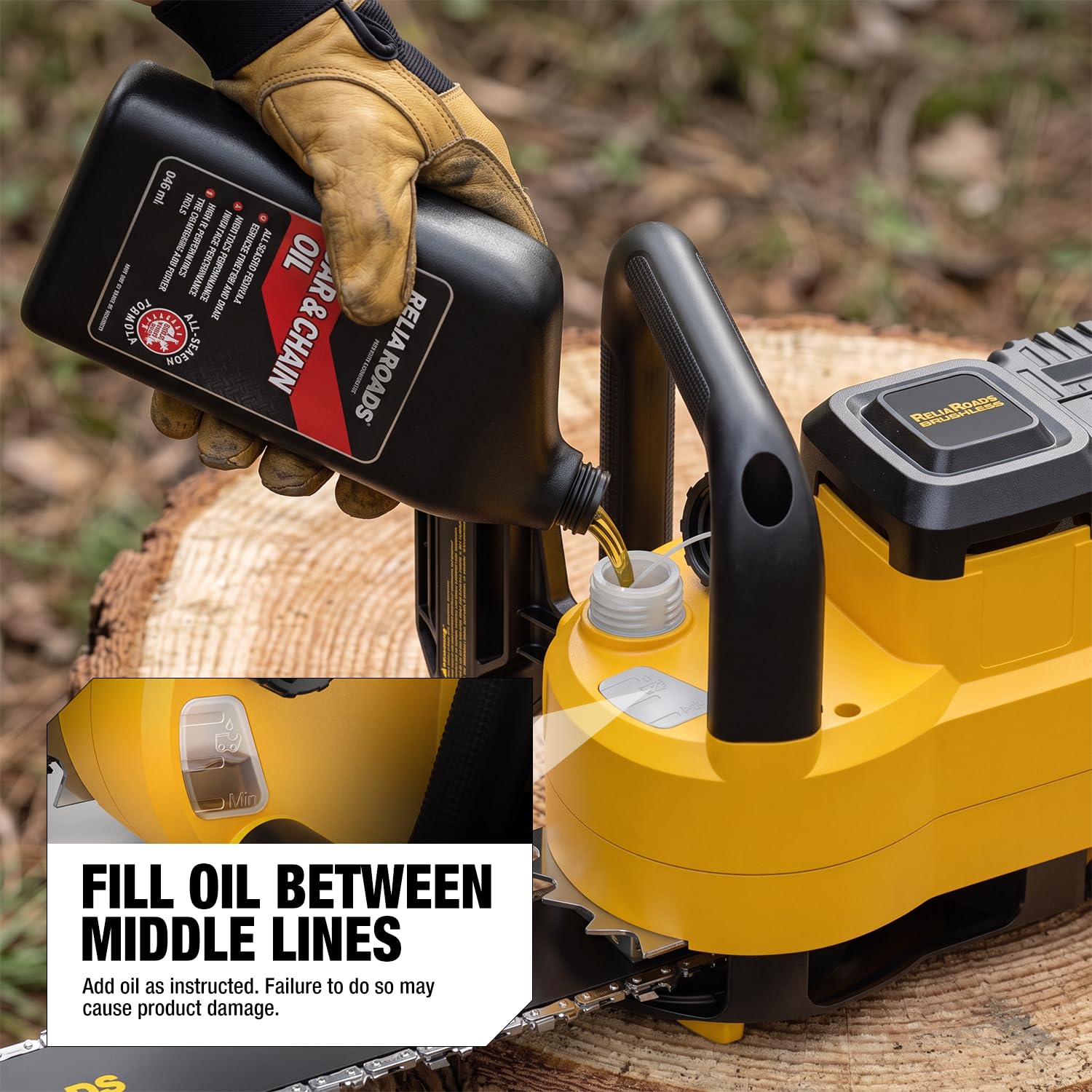 ReliaRoads oil reservoir detail showing automatic-lubrication ease and longer chain life
