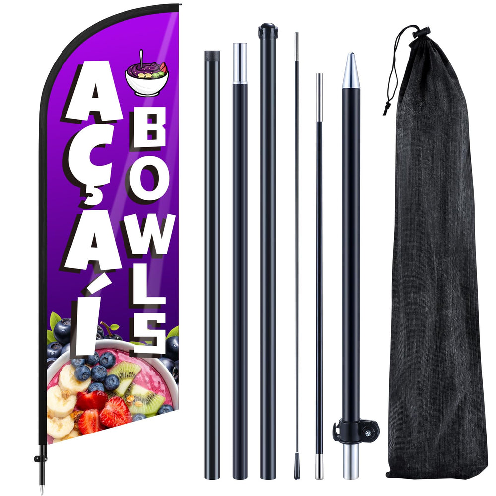 Remagr front view of full 7 ft acai bowls feather flag increases roadside visibility