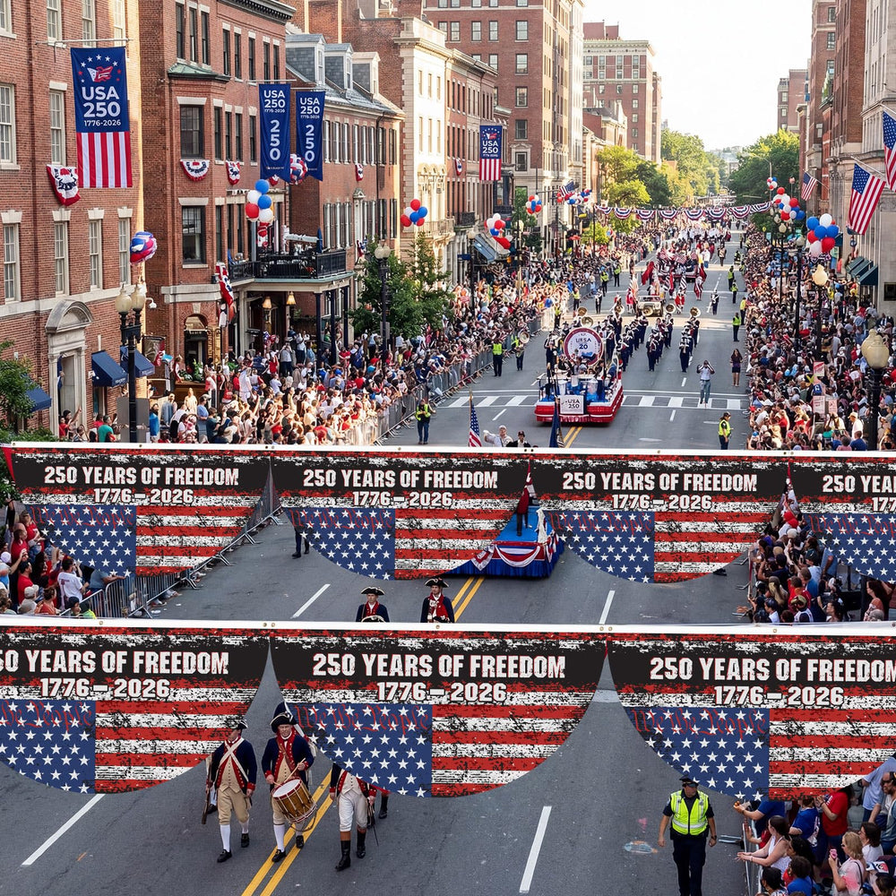 Remagr flags decorating storefront providing visible patriotic branding and flair