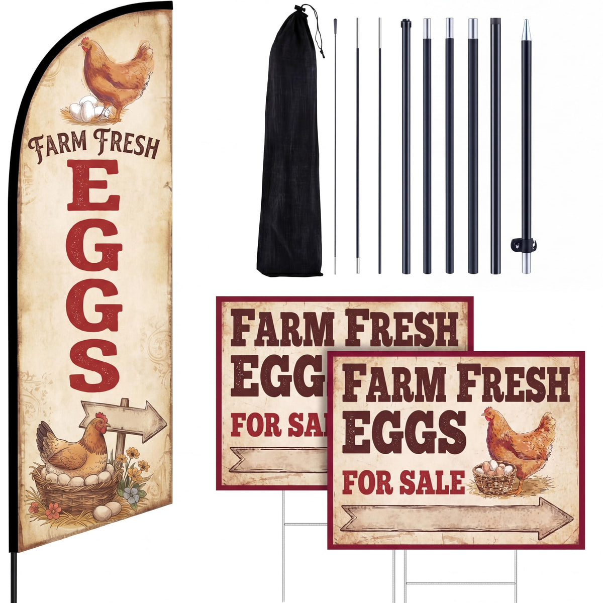Remagr front view of 11ft feather flag showing bold egg graphics and visibility