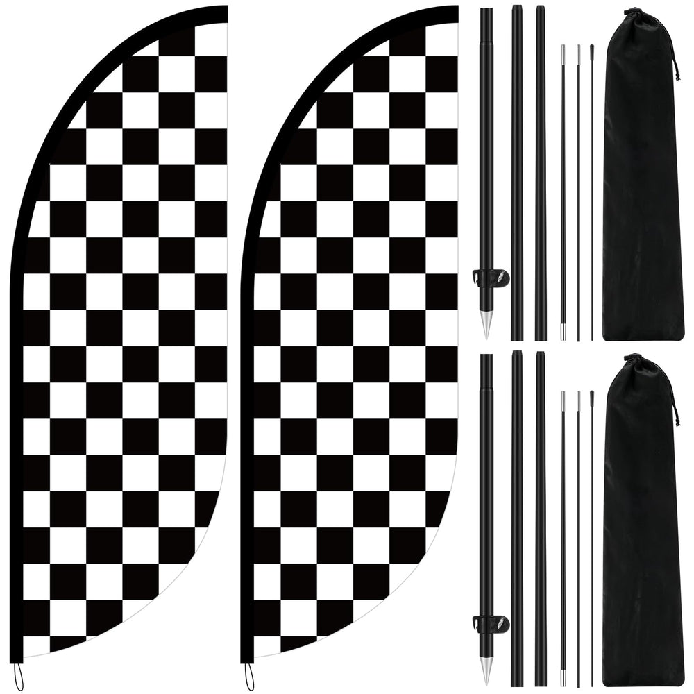 Remagr front view of black and white checkered swooper flag shows bold visibility