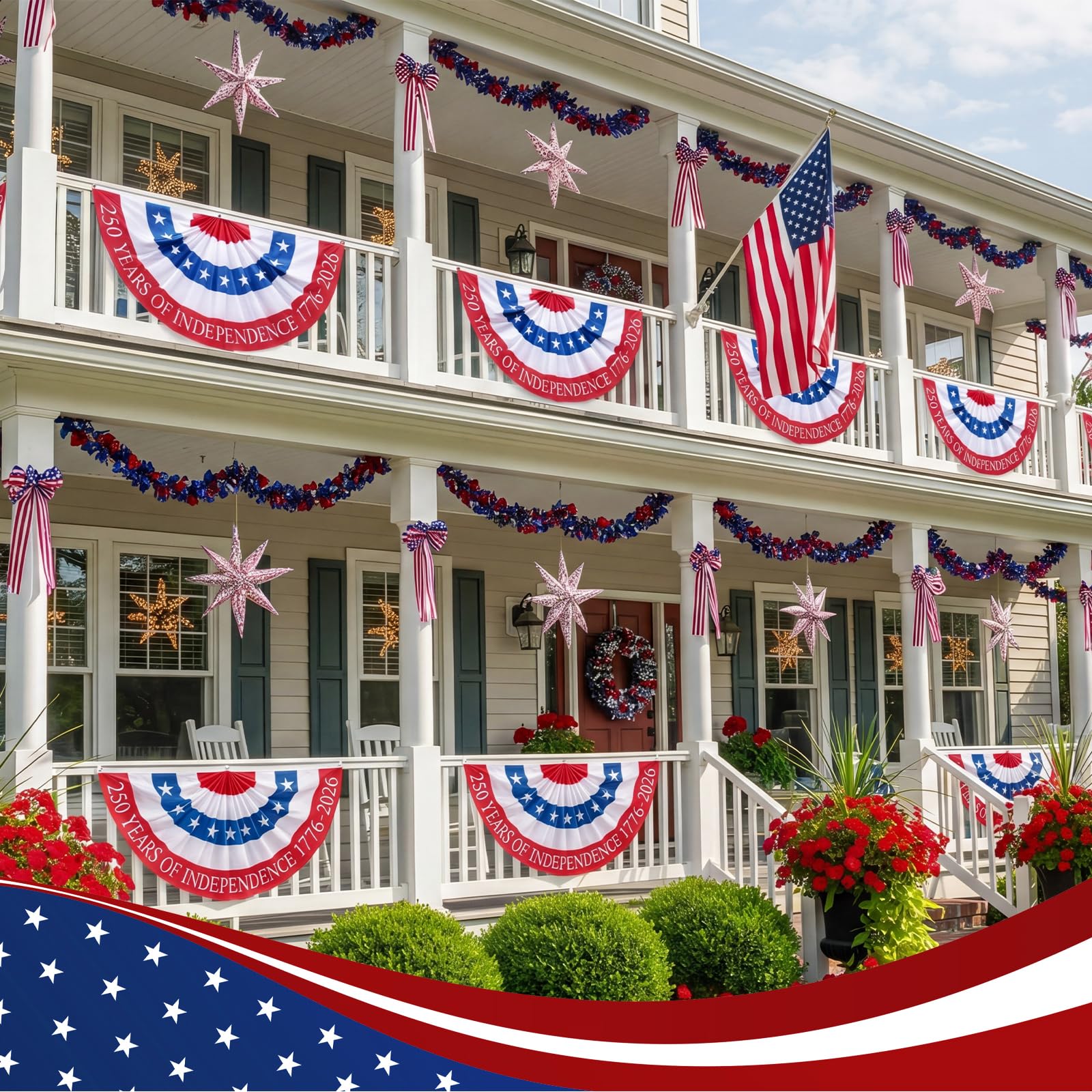 Remagr fan flag hung on porch rail offering instant patriotic curb appeal