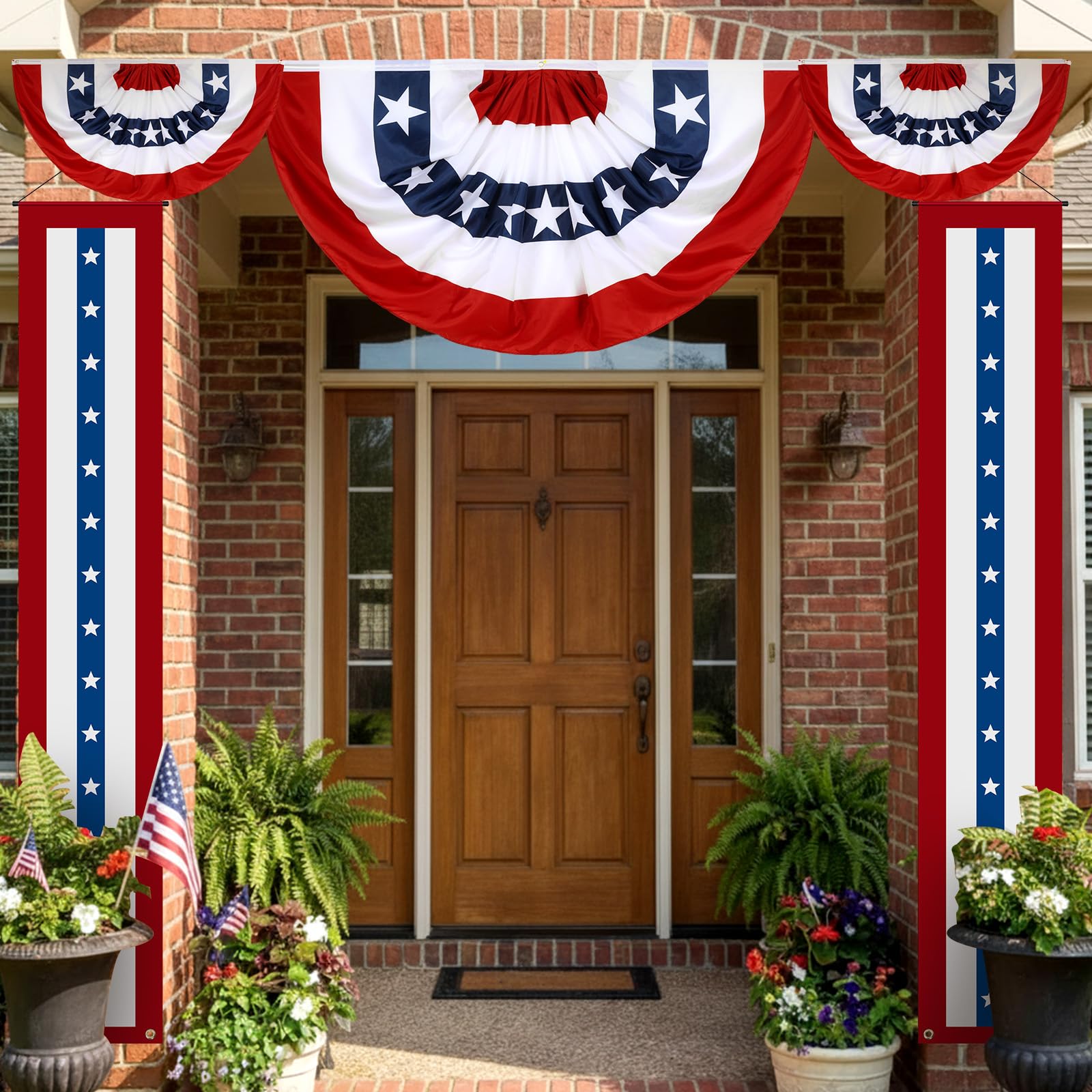 Remagr front view porch display showing two 72-inch banners and fan flags enhancing curb appeal