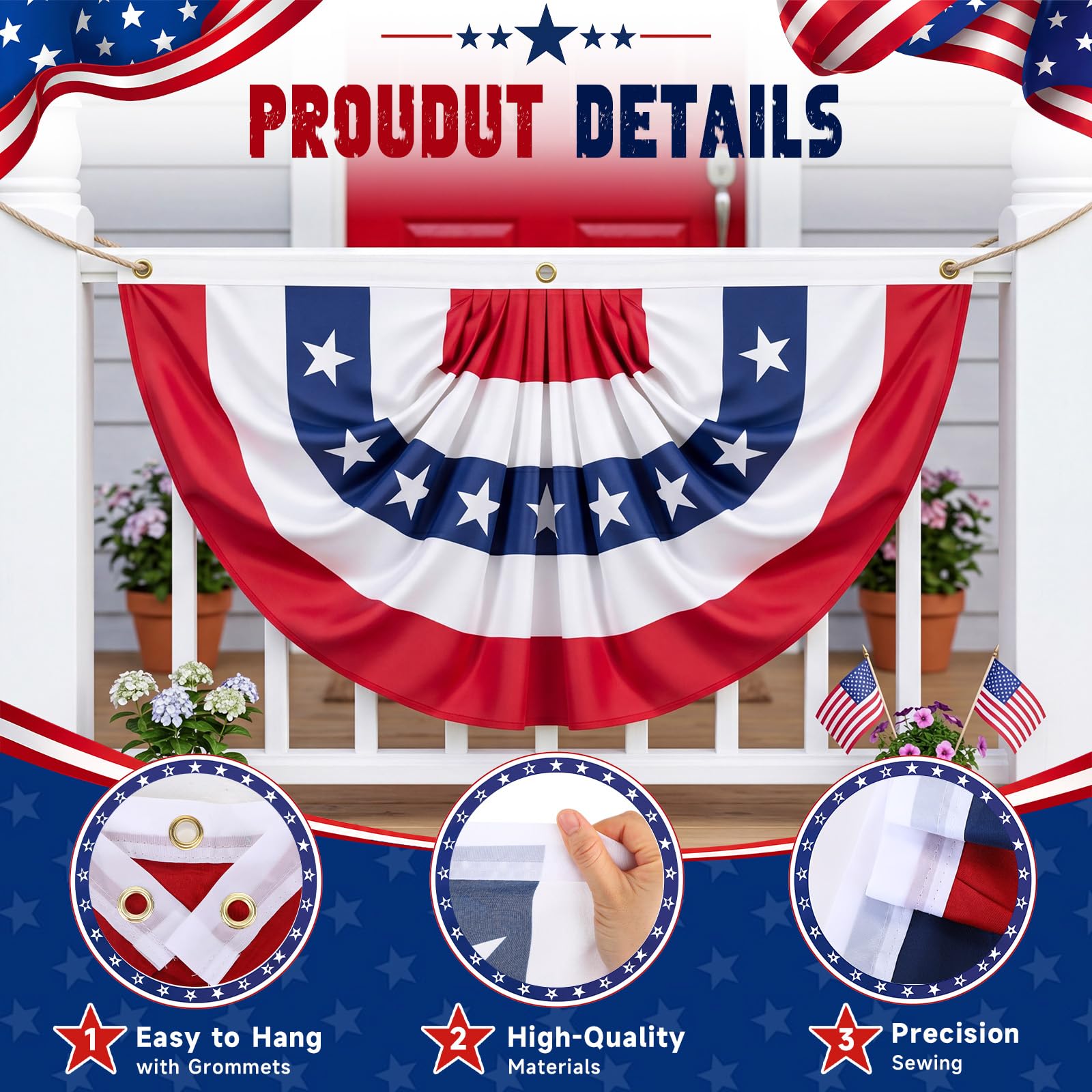 Remagr large 3x6 ft flag on porch, offers bold patriotic backdrop for events