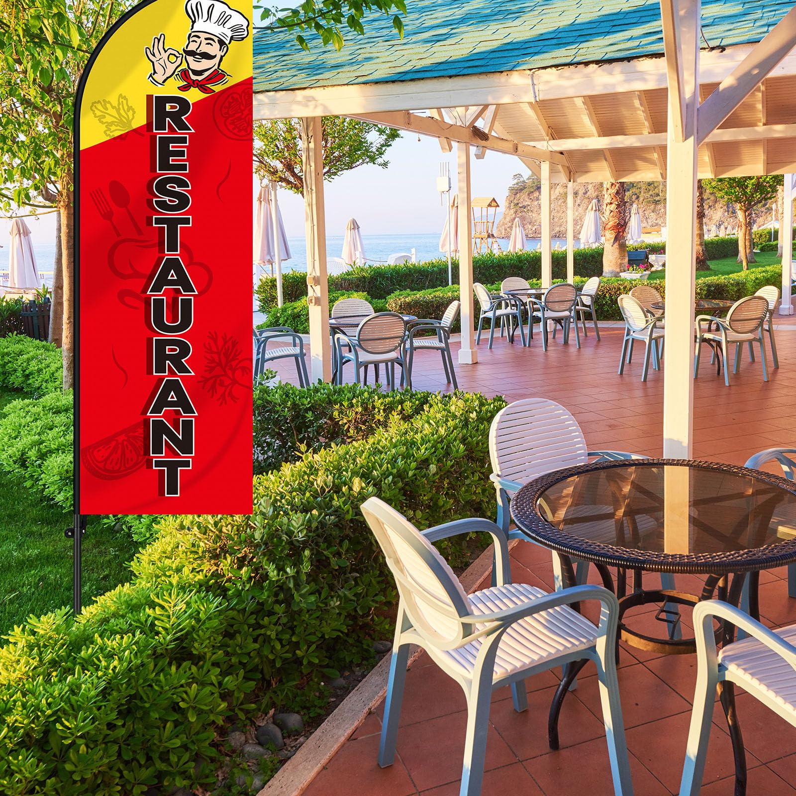 Remagr lifestyle cafe patio with flags improving curb appeal