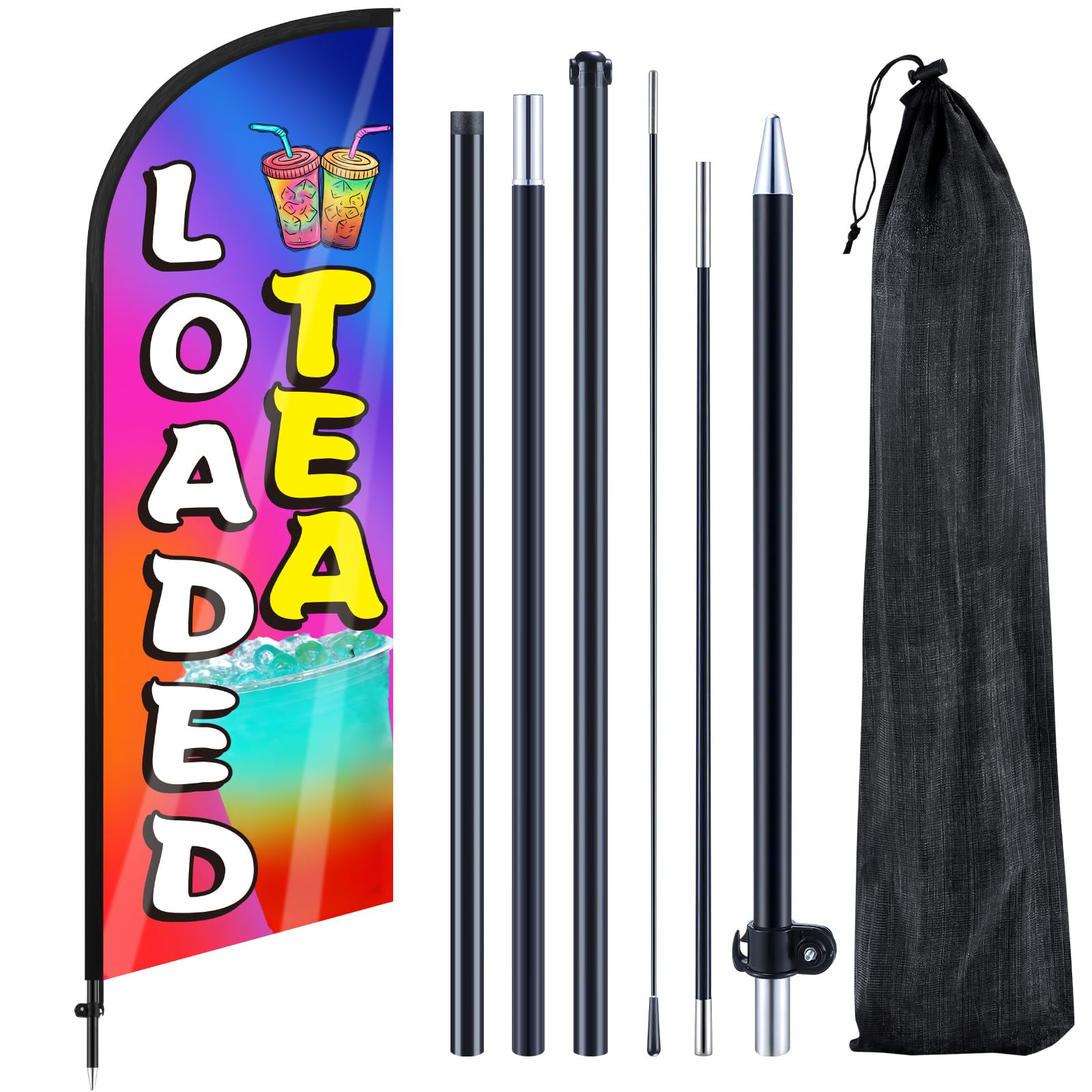 Remagr front view feather flag showing Loaded Tea design for bold curbside branding
