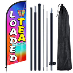 Remagr front view feather flag showing Loaded Tea design for bold curbside branding