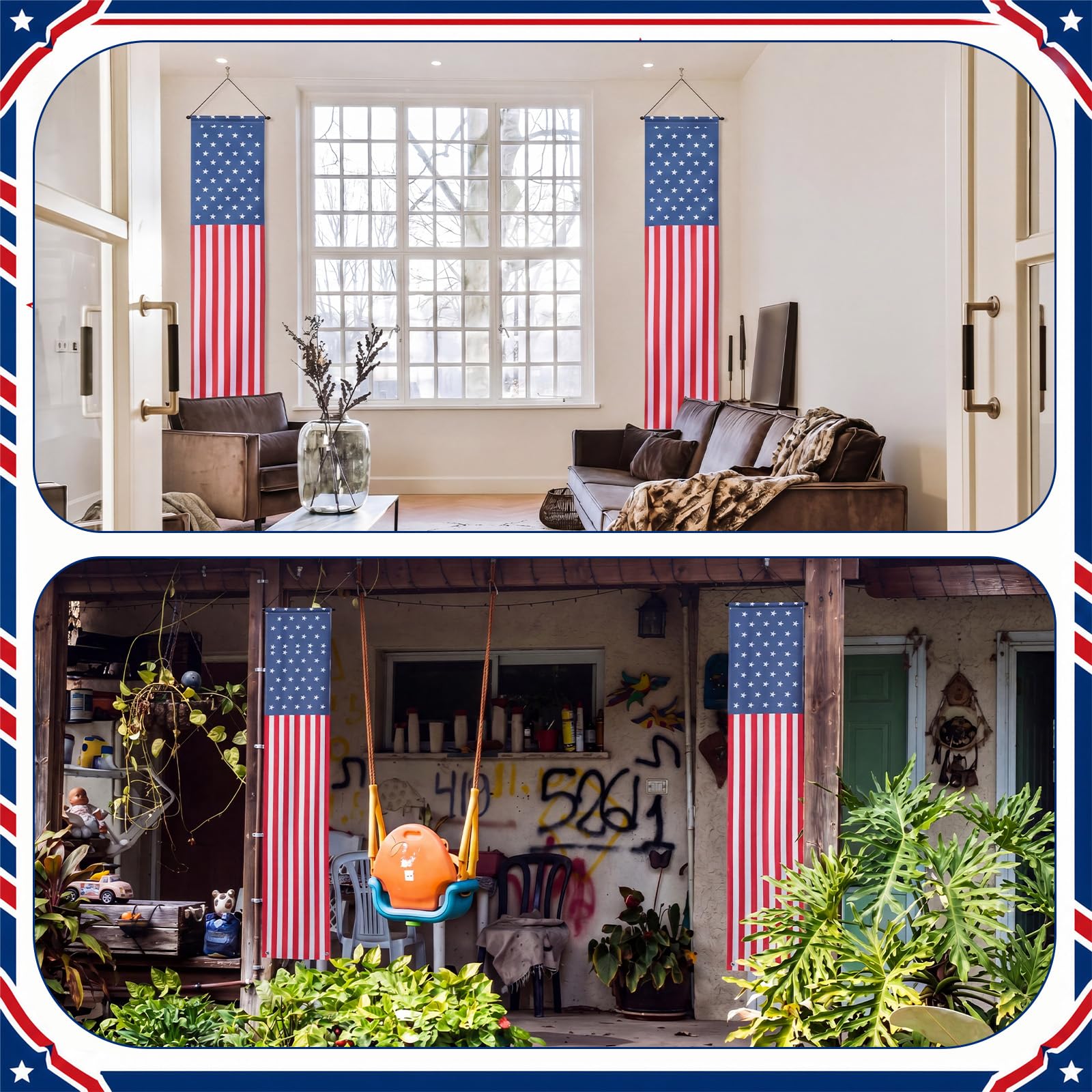 Remagr scale comparison at a doorway demonstrating 3x6 ft flag size and coverage benefit
