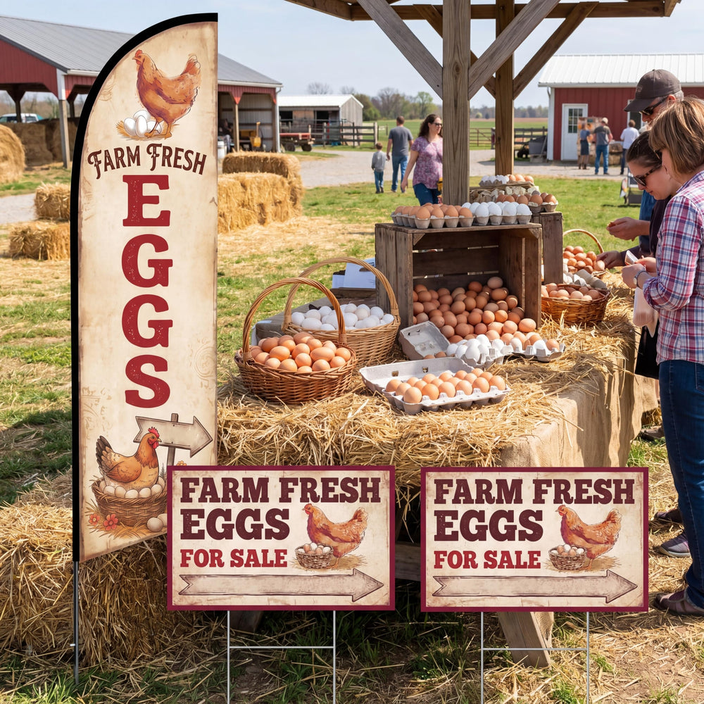 Remagr double-sided yard sign showing farmhouse egg design and clear direction