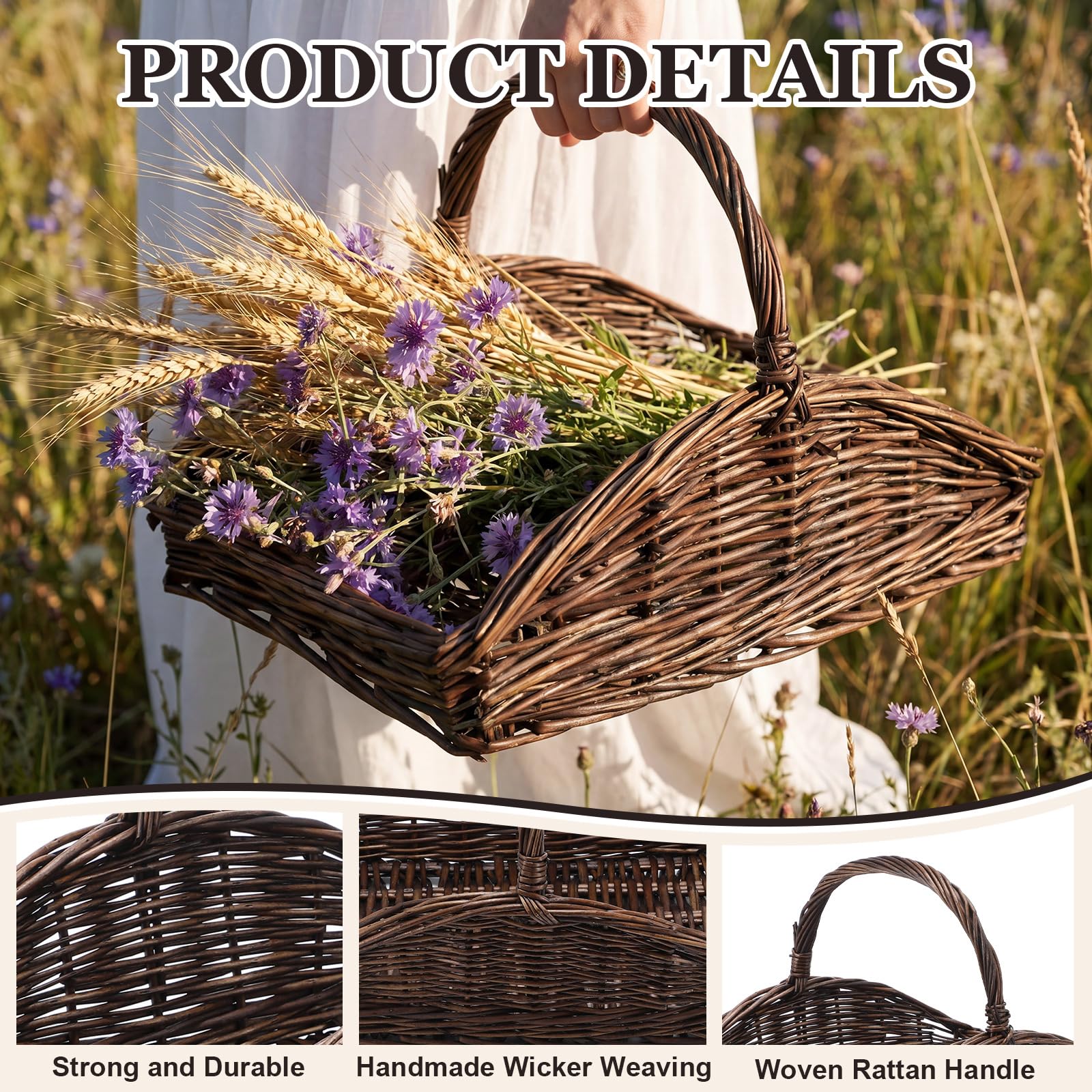 Remerry basket filled with flowers in a living room setting, adds rustic decorative charm