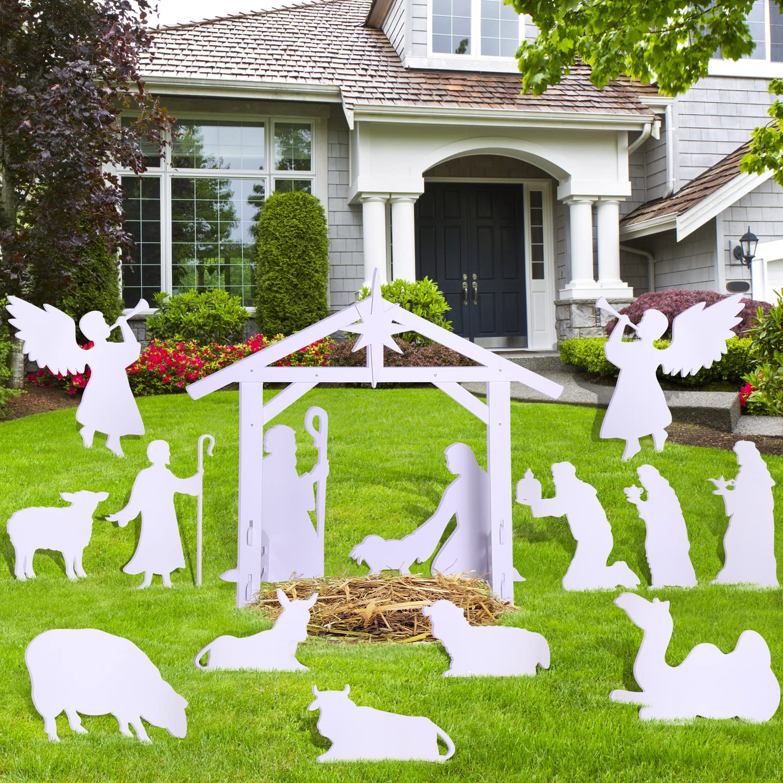 Remerry front view of full 15-piece nativity set showing complete yard display benefit
