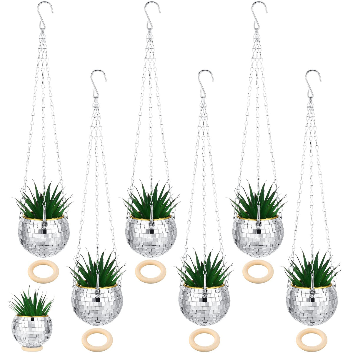 Remerry mirrored disco ball front view showing set of six planters and benefits of coordinated decor